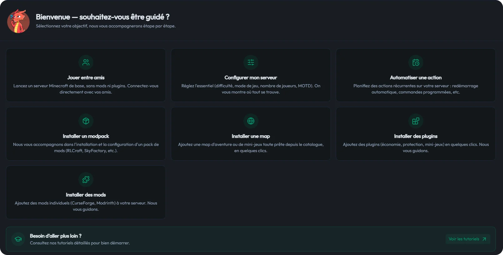 Écran d'accueil guidé de MineBoard proposant sept objectifs de configuration