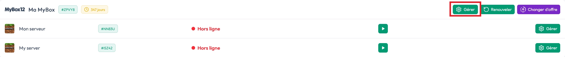 Interface de gestion MyBox avec le bouton Gérer ma MyBox