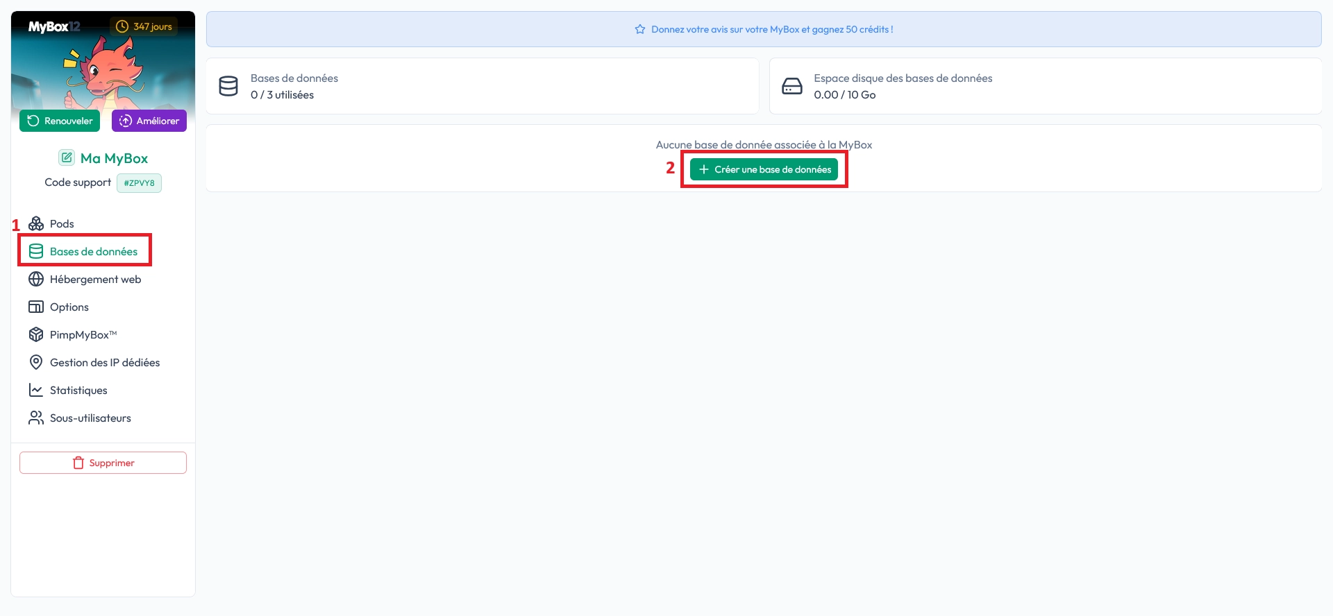 Sélection du type de base MySQL ou MariaDB dans le panel