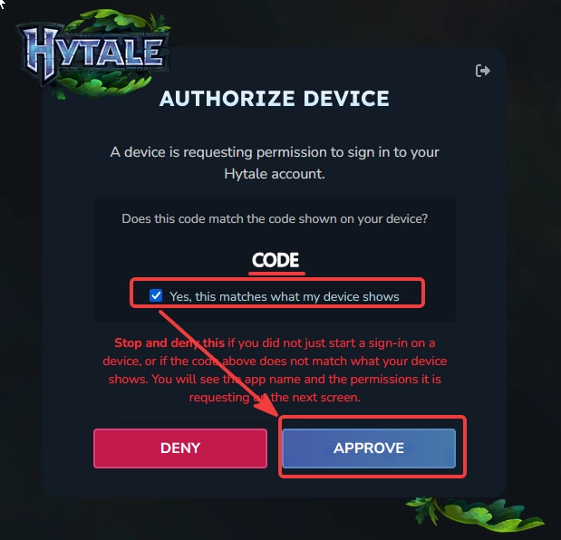 Hytale account page asking to confirm the OAuth code during server connection
