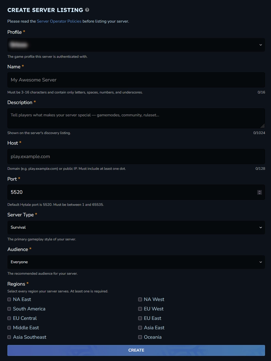 Hytale server submission form page used to create a Server Discovery listing