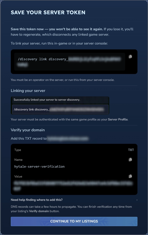 Hytale modal listing remaining steps: link command, DNS TXT token, and domain verification