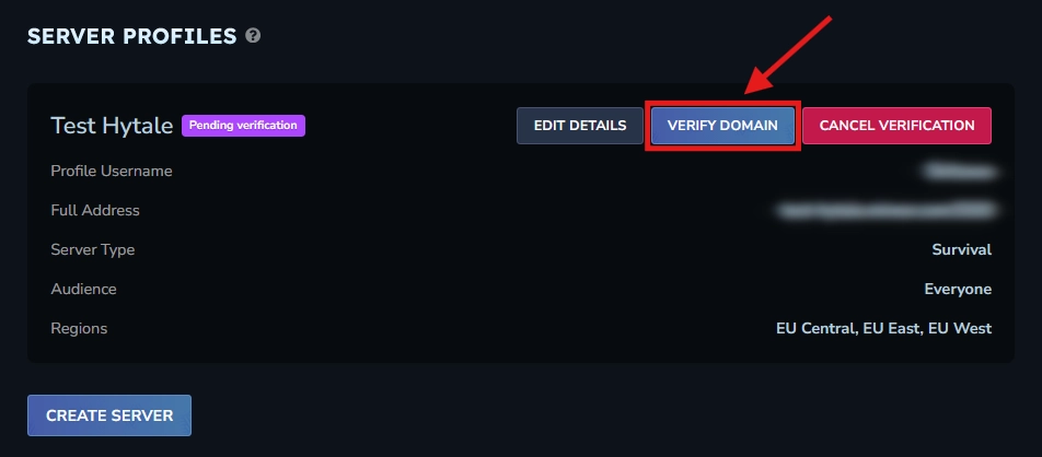 Hytale server listings page with the Verify Domain button visible