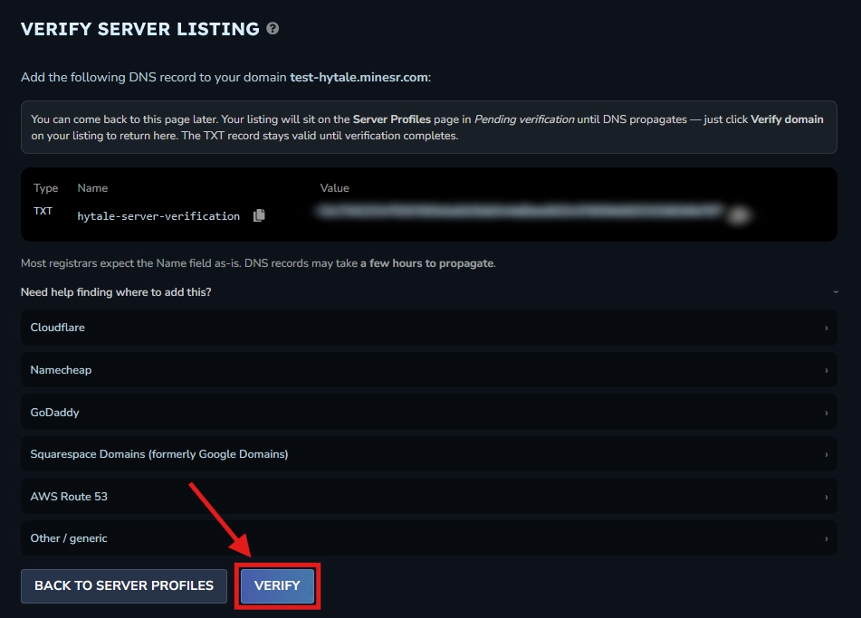 Hytale domain verification confirmation window with the Verify button