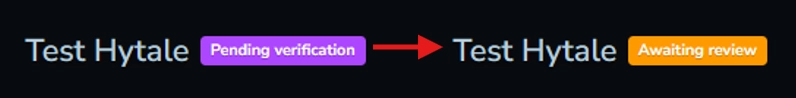Hytale server listing status showing Awaiting review after successful domain verification