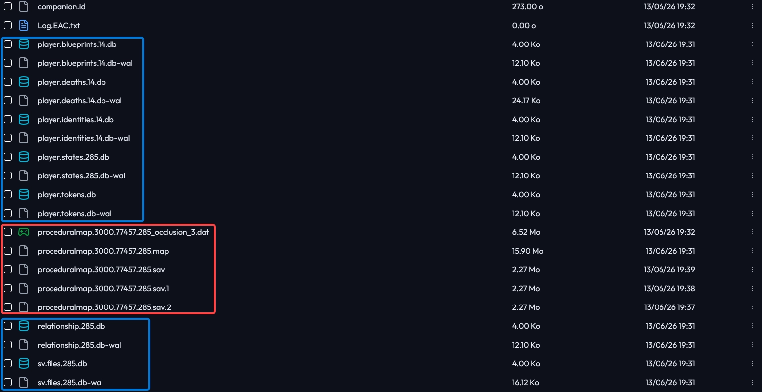 MineBoard Files tab showing Rust save files to delete for a wipe