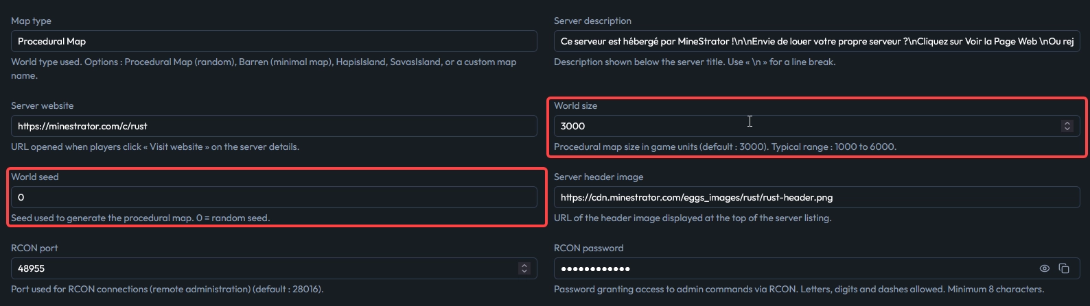 MineBoard Settings tab with World seed and World size fields