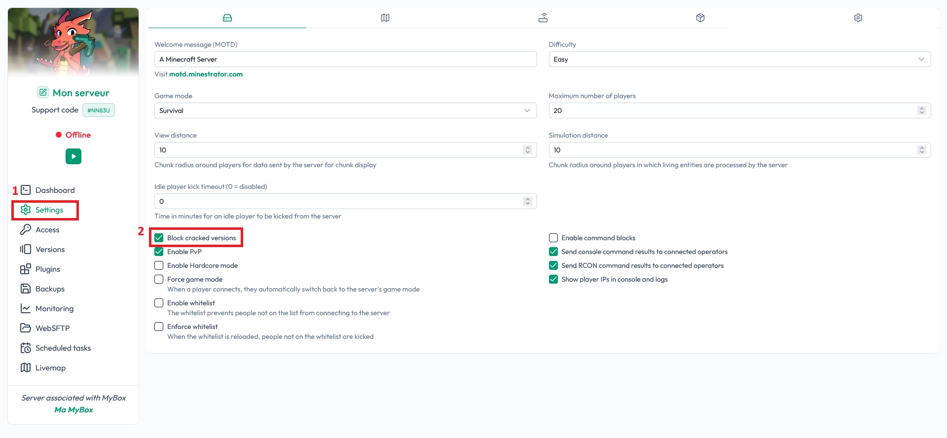 MineStrator panel settings showing cracked version options
