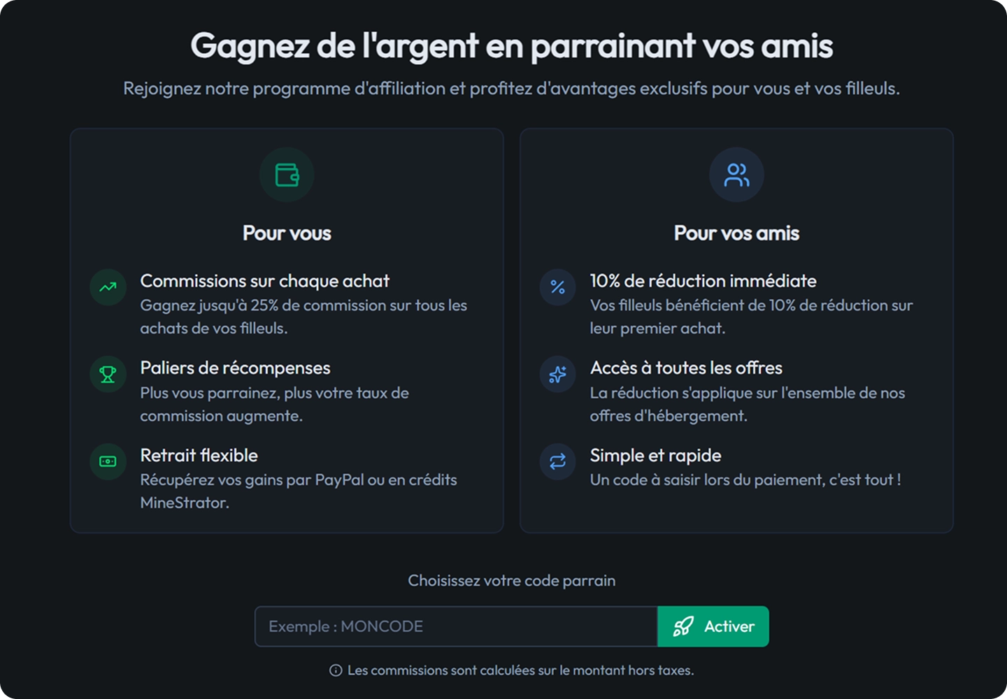 Activation du programme d'affiliation depuis l'espace client MineStrator
