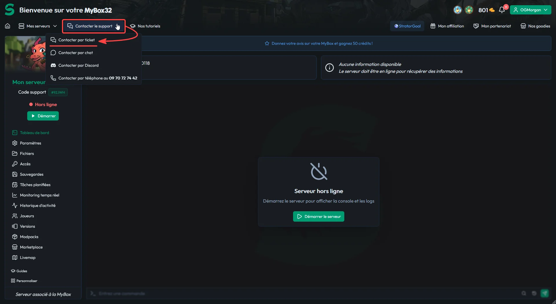 Menu Contacter le support du panel MineBoard : ticket, chat, Discord et téléphone