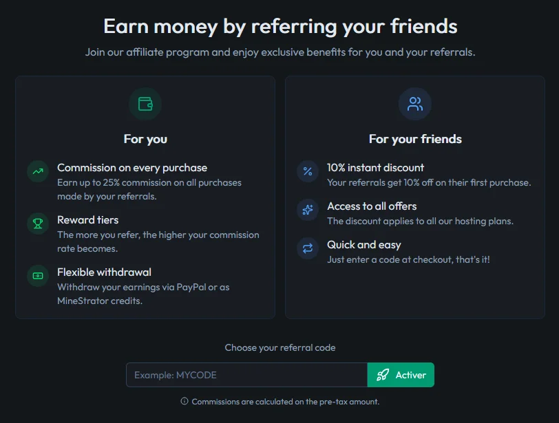 Activating the affiliate program from the MineStrator client area