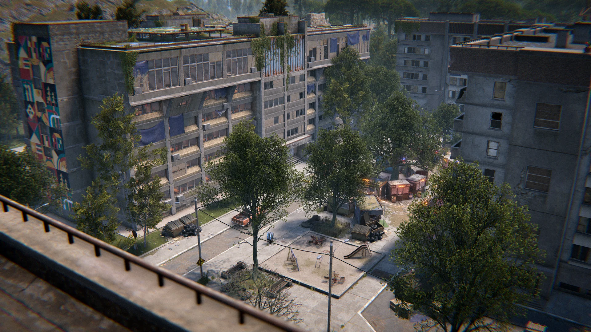 Quartier urbain de Rust avec immeubles et végétation, décor du patch Common Ground