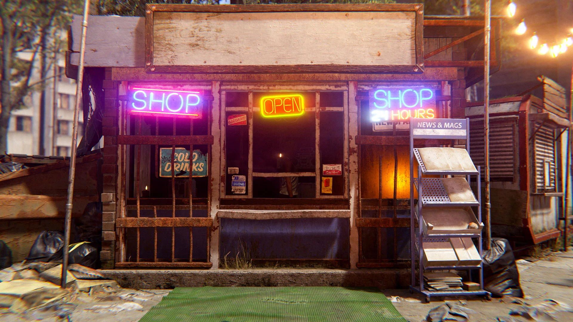 Devanture de boutique éclairée au néon dans Rust, contenu du patch Common Ground