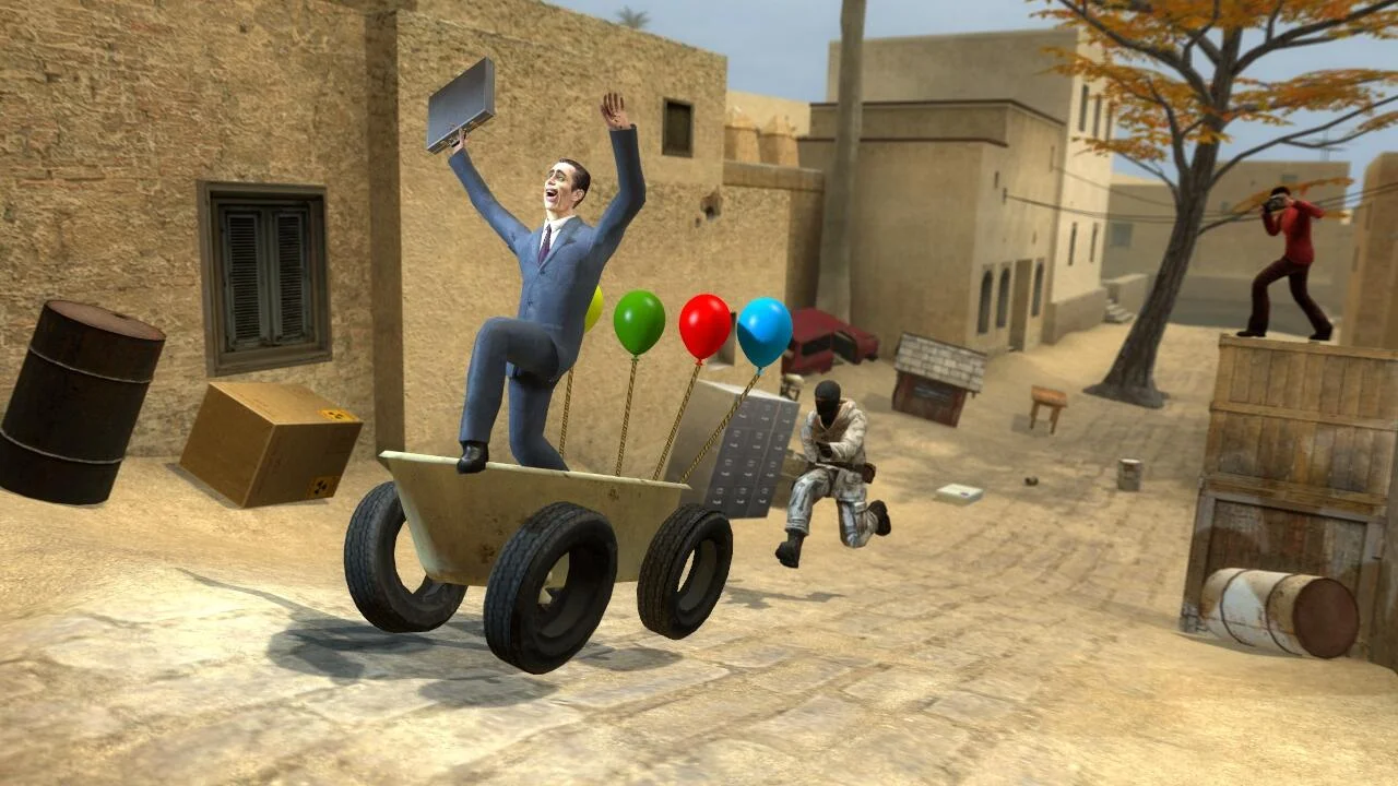 Scène de jeu Garry's Mod : personnage sur une brouette équipée de ballons