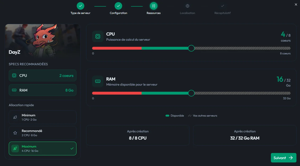 Étape Ressources du configurateur MineStrator pour un serveur DayZ : curseurs CPU et RAM
