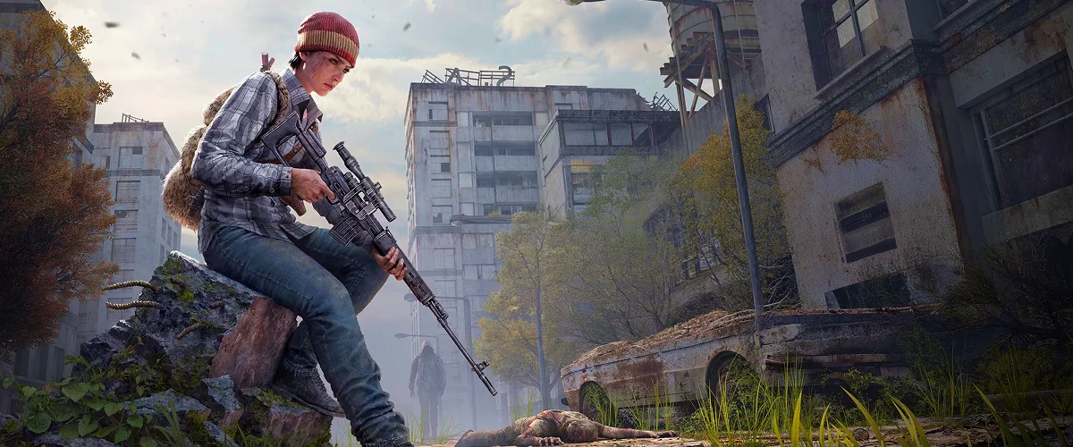 Artwork de DayZ : survivante armée dans une ville en ruine