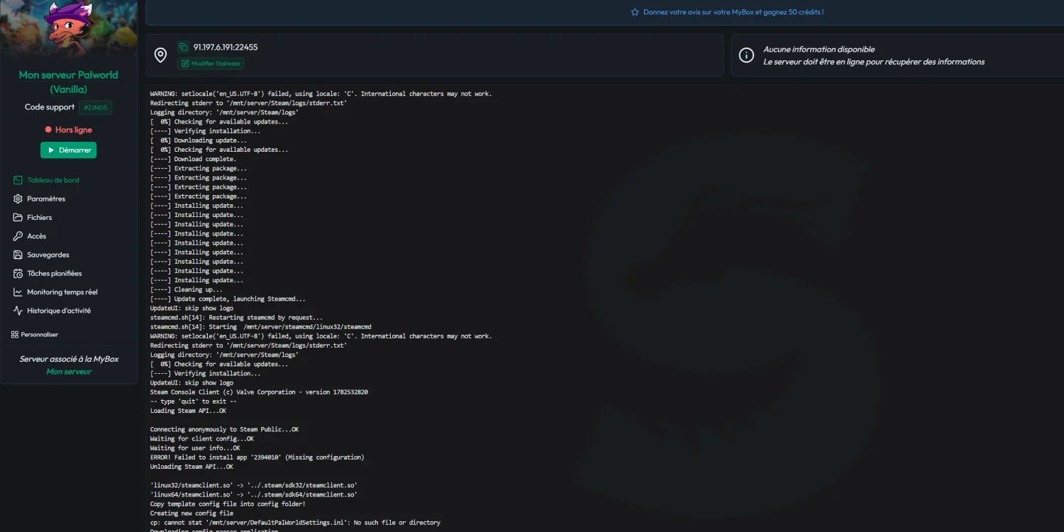 Console d'installation d'un serveur Palworld dans le panel MineBoard