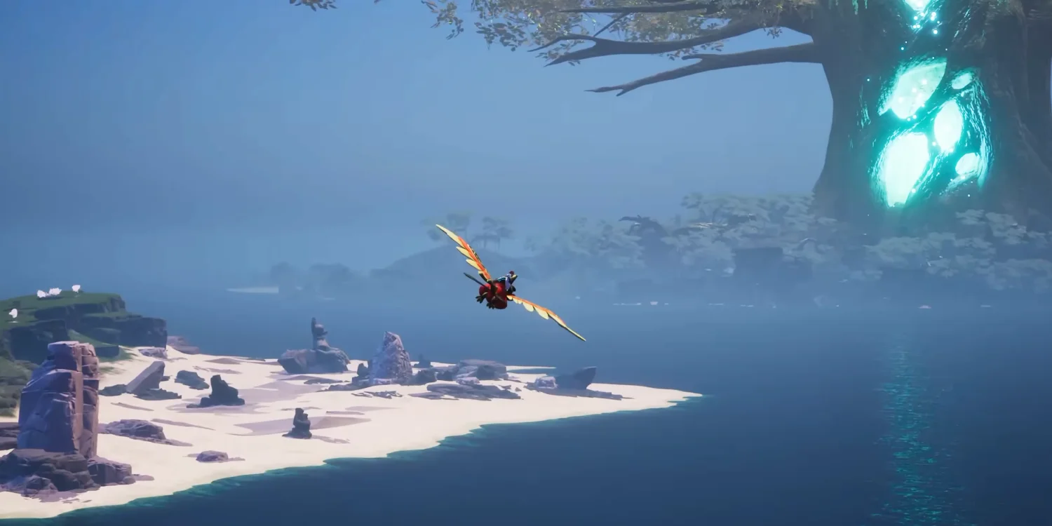 Flying over a Palworld beach with the World Tree in the background