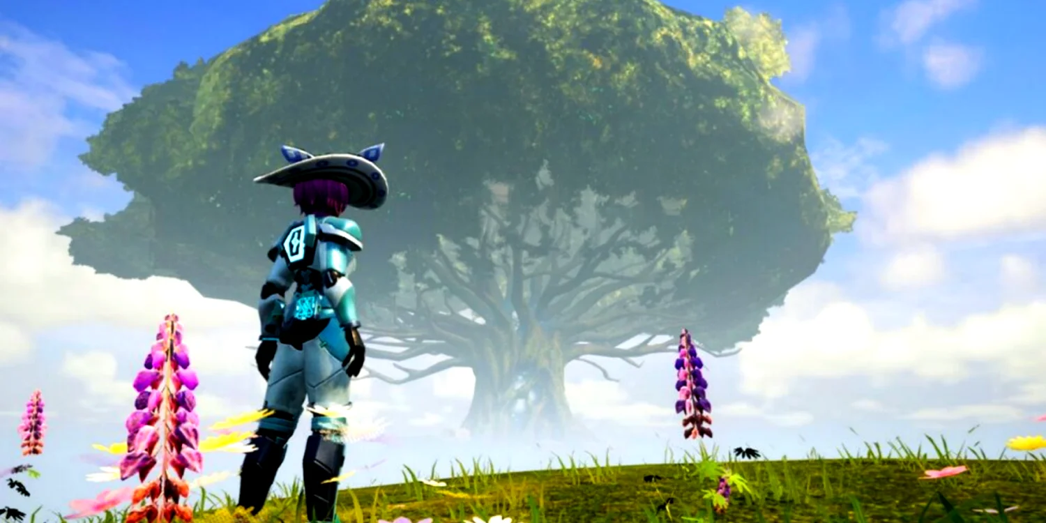 Palworld character facing the World Tree