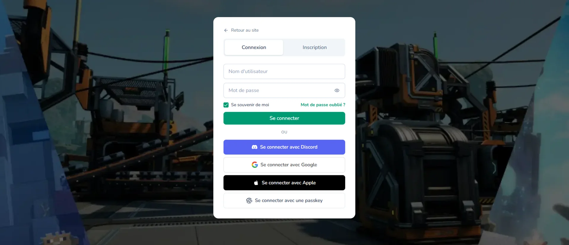 Écran de connexion MineStrator avec Discord, Google, Apple et la connexion par passkey