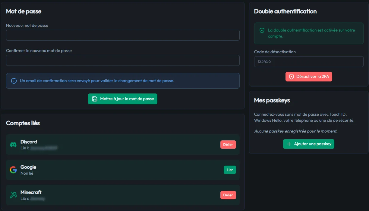 Section Sécurité de l'espace compte MineStrator : mot de passe, comptes liés, double authentification et passkeys