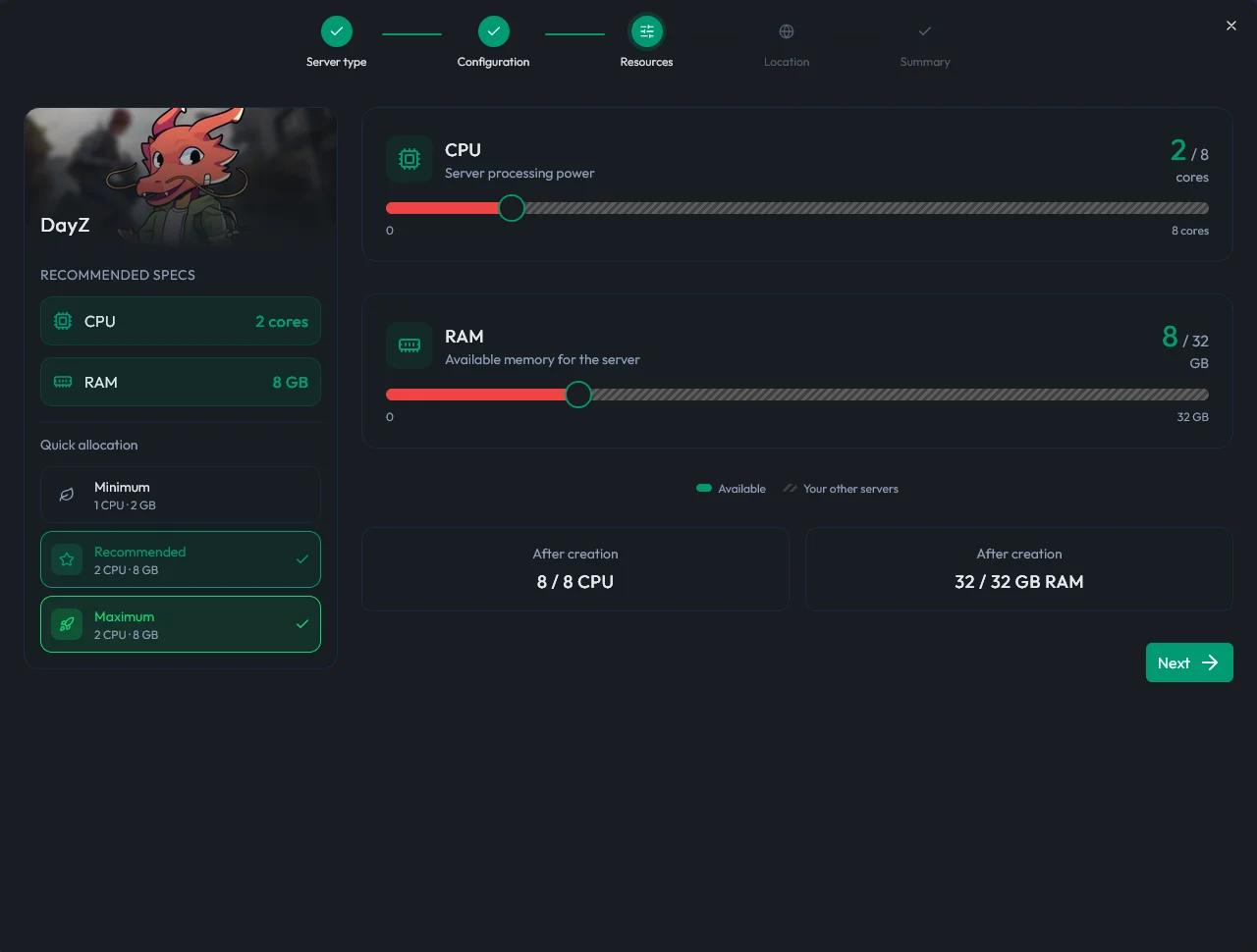 Resources step of the MineStrator configurator for a DayZ server: CPU and RAM sliders