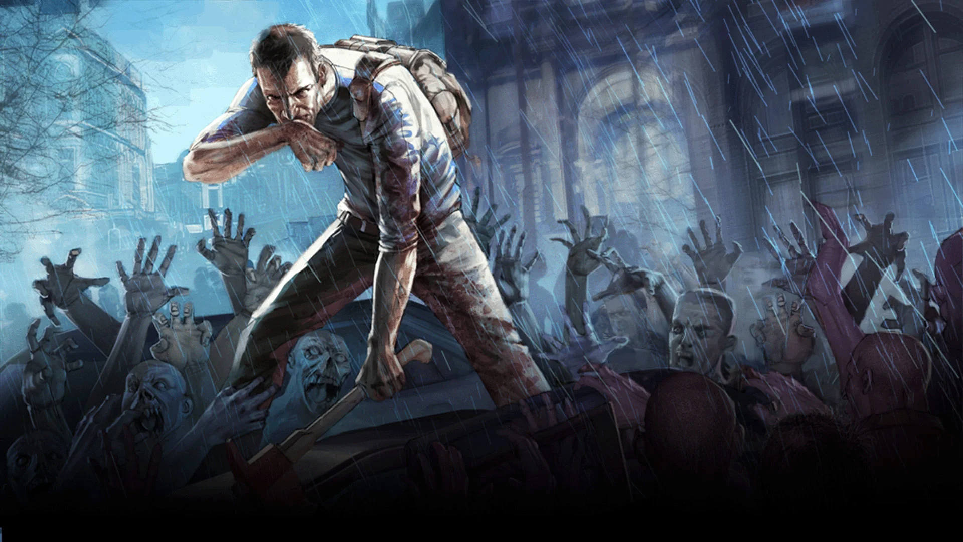 Artwork de Project Zomboid : un survivant armé d’une batte face à une horde de zombies sous la pluie