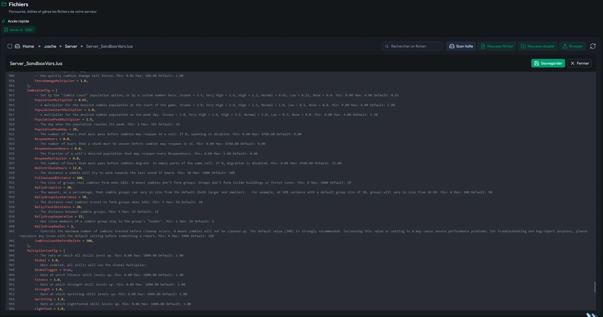 Fichier de bac à sable ouvert dans le gestionnaire de fichiers du panel MineBoard, sur les réglages de population de zombies