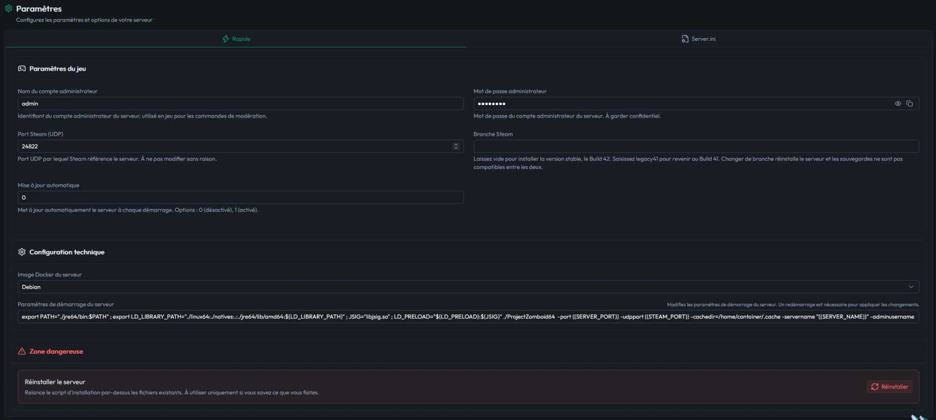 Onglet Paramètres du panel MineBoard : le champ Branche Steam, à laisser vide pour la Build 42 ou à remplir avec legacy41
