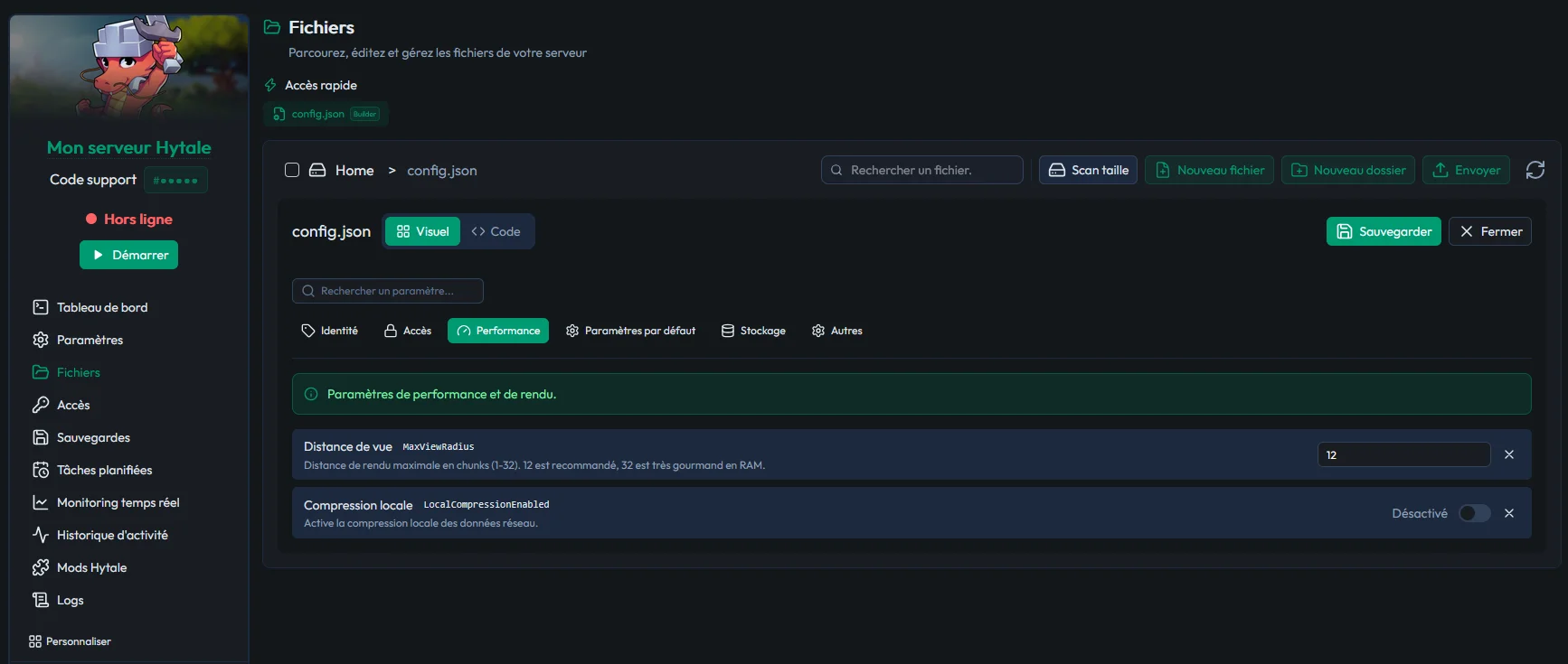 Éditeur visuel de config.json dans le panel MineStrator, catégorie Performance