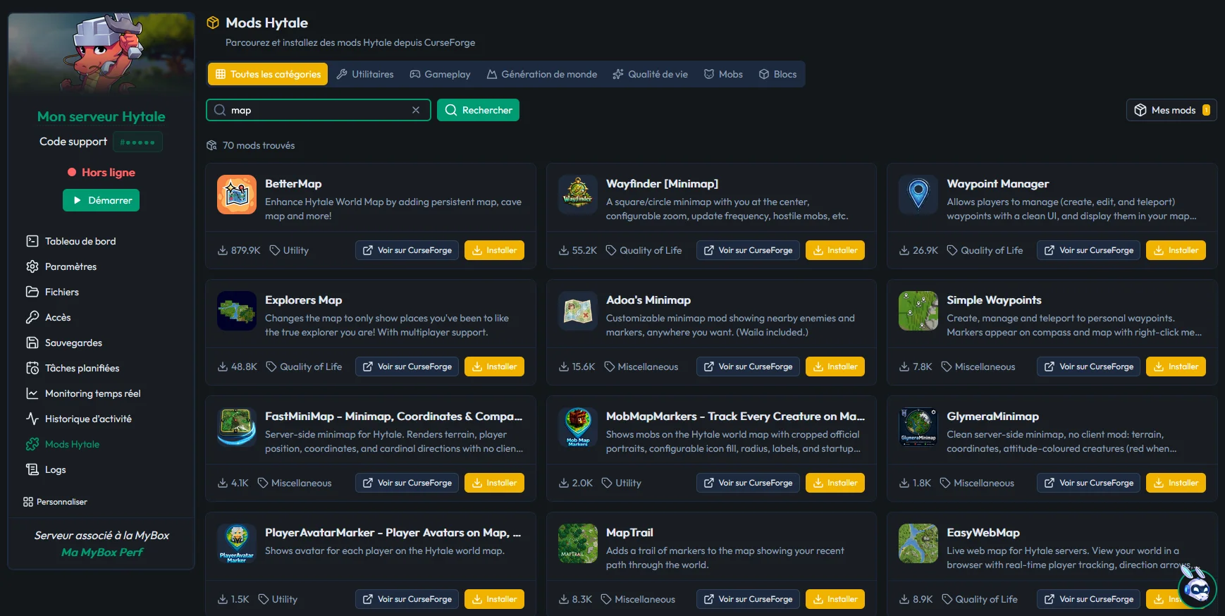 Onglet Mods Hytale du panel MineStrator, recherche de mods CurseForge