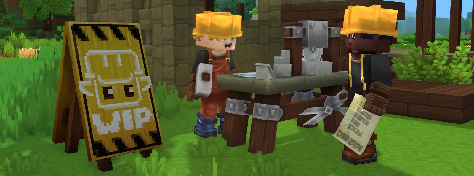Personnages Hytale en tenue de chantier devant un panneau de travaux