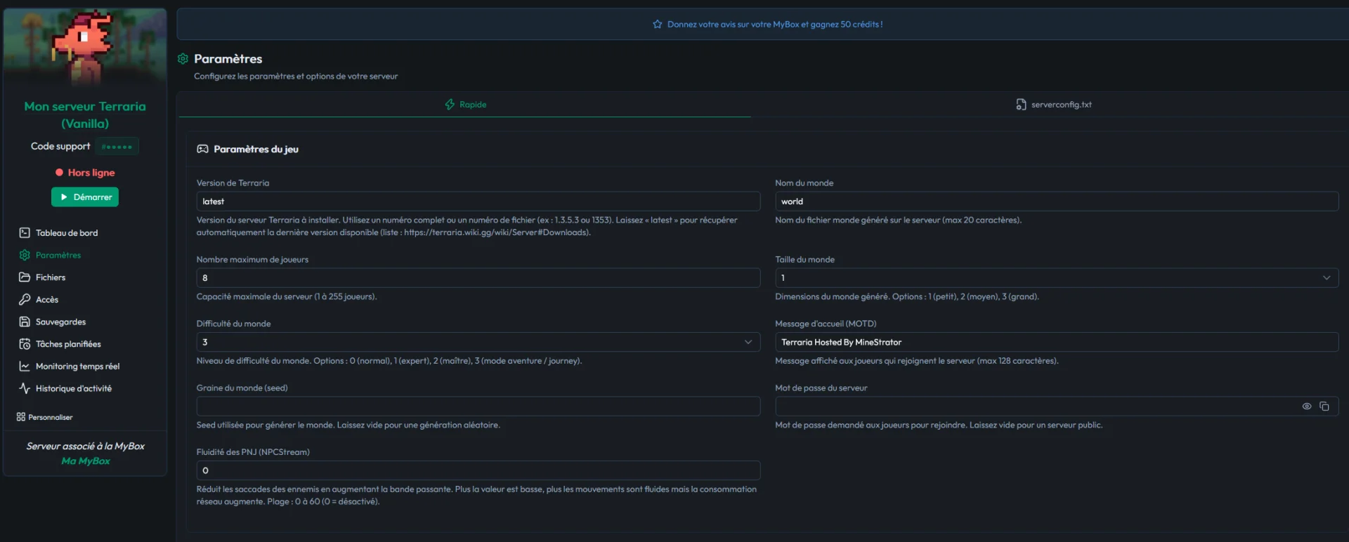 Onglet Paramètres d'un serveur Terraria dans le MineBoard : version, nombre de joueurs, taille et difficulté du monde, seed, message d'accueil et mot de passe