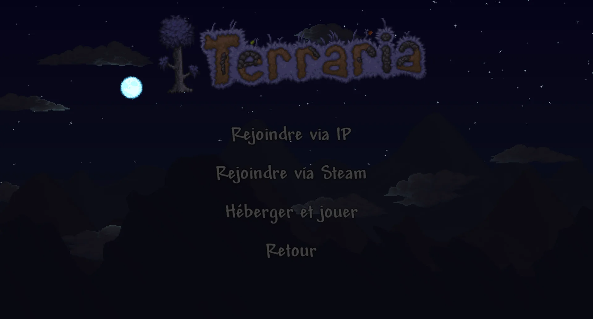 Menu Multijoueur de Terraria avec les options Rejoindre via IP, Rejoindre via Steam et Héberger et jouer