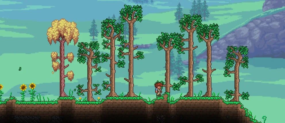 Forêt de Terraria avec un personnage, illustration du guide pour créer un serveur Terraria