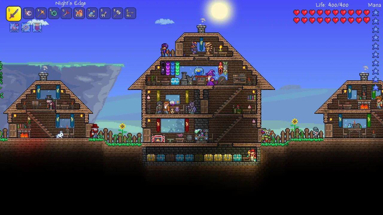 Base Terraria avec ses PNJ, illustration du guide sur la RAM d'un serveur Terraria