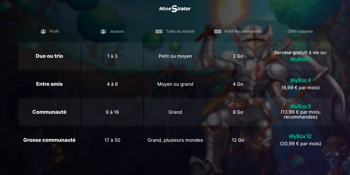 Infographie RAM recommandée par profil de serveur Terraria : duo ou trio 2 Go, entre amis 4 Go, communauté 8 Go, grosse communauté 12 Go