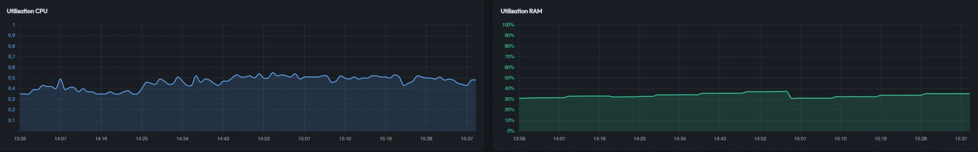 Courbes d'utilisation CPU et RAM d'un serveur Terraria dans le MineBoard