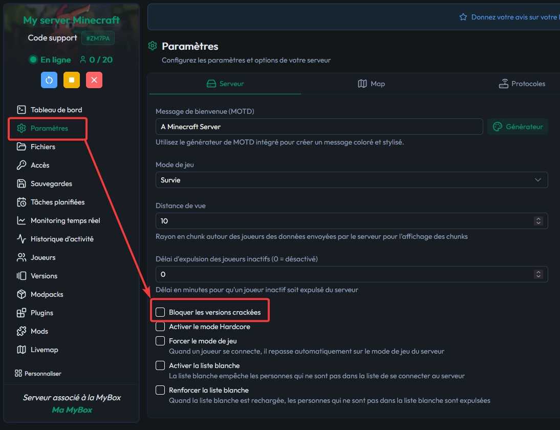 Option du panel MineStrator pour autoriser les versions crack sur un serveur non-proxy