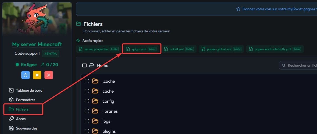 Éditeur visuel MineStrator ouvrant le fichier spigot.yml