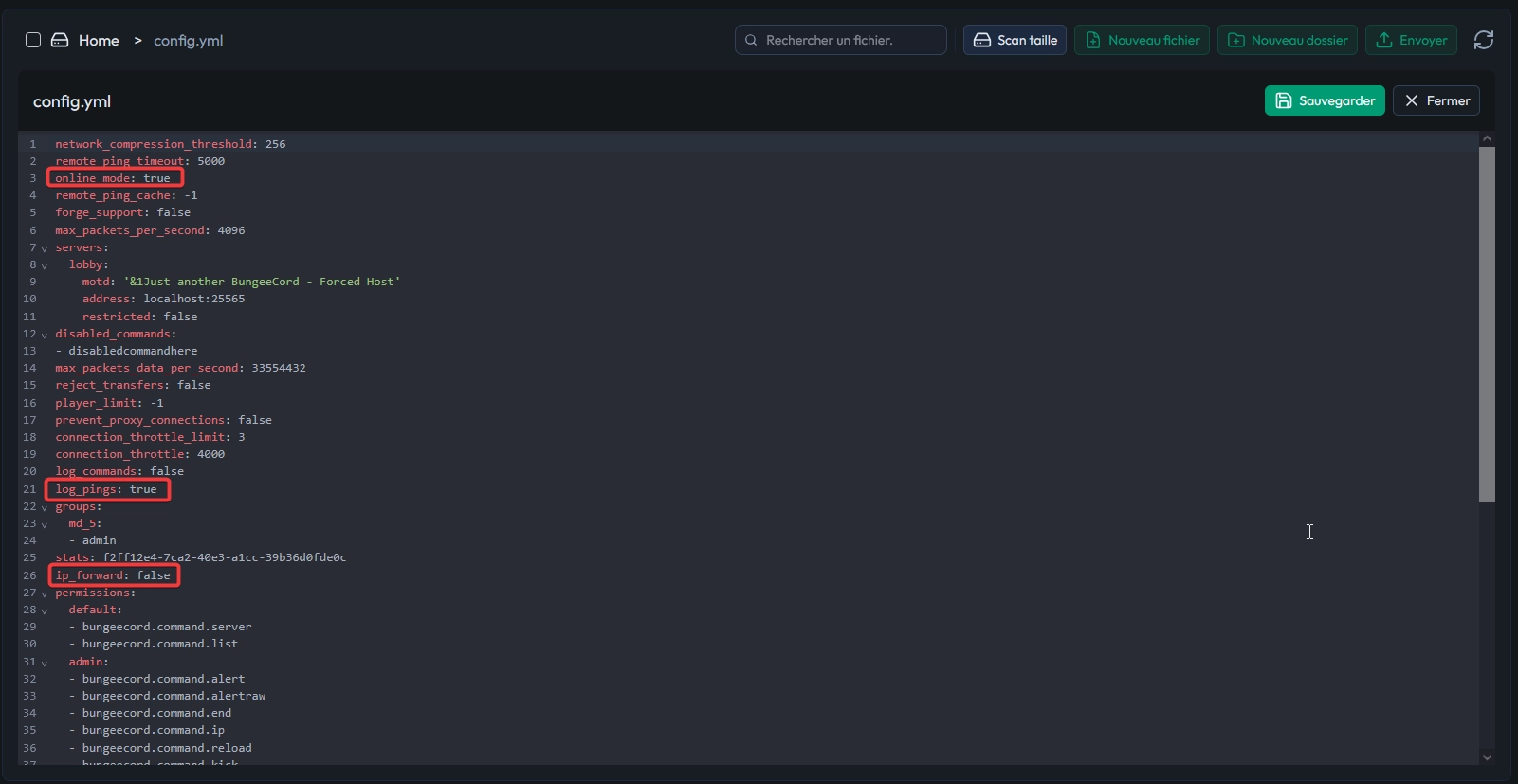 Fichier config.yml de BungeeCord montrant les paramètres online_mode, max_players, ip_forward et log_pings