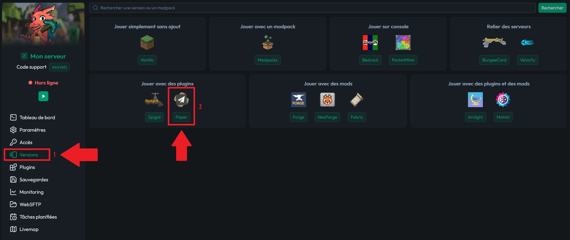 Liste des versions disponibles dans l’onglet Versions du panel MineStrator