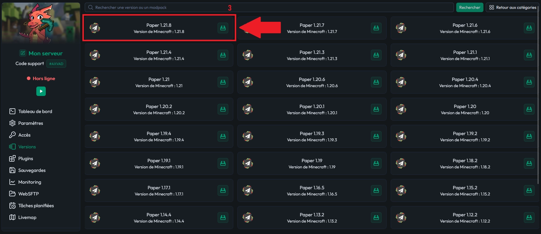 Sélection d’une version de serveur dans le panel MineStrator