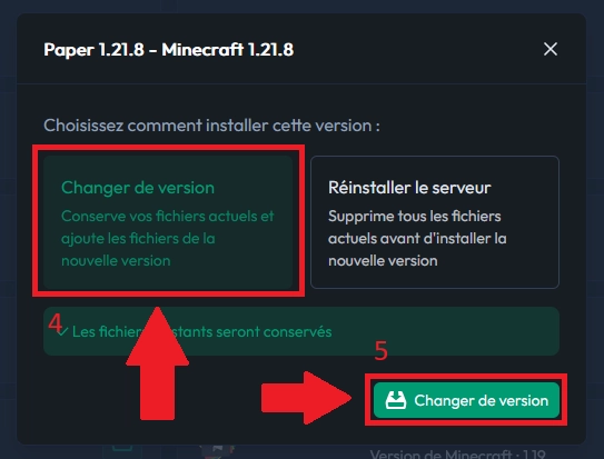 Confirmation du changement de version sur le panel MineStrator