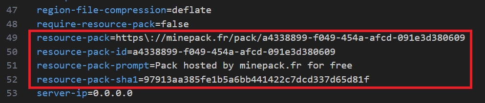 Fichier server.properties avec les lignes resource-pack et resource-pack-sha1 renseignées