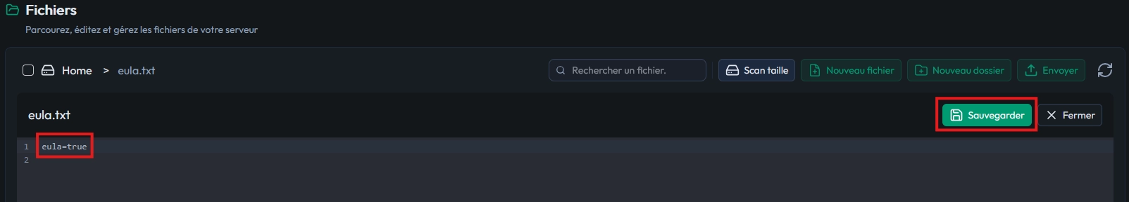 Liste des fichiers du serveur Minecraft avec le fichier eula.txt