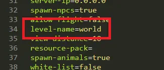 server.properties file showing the level-name setting