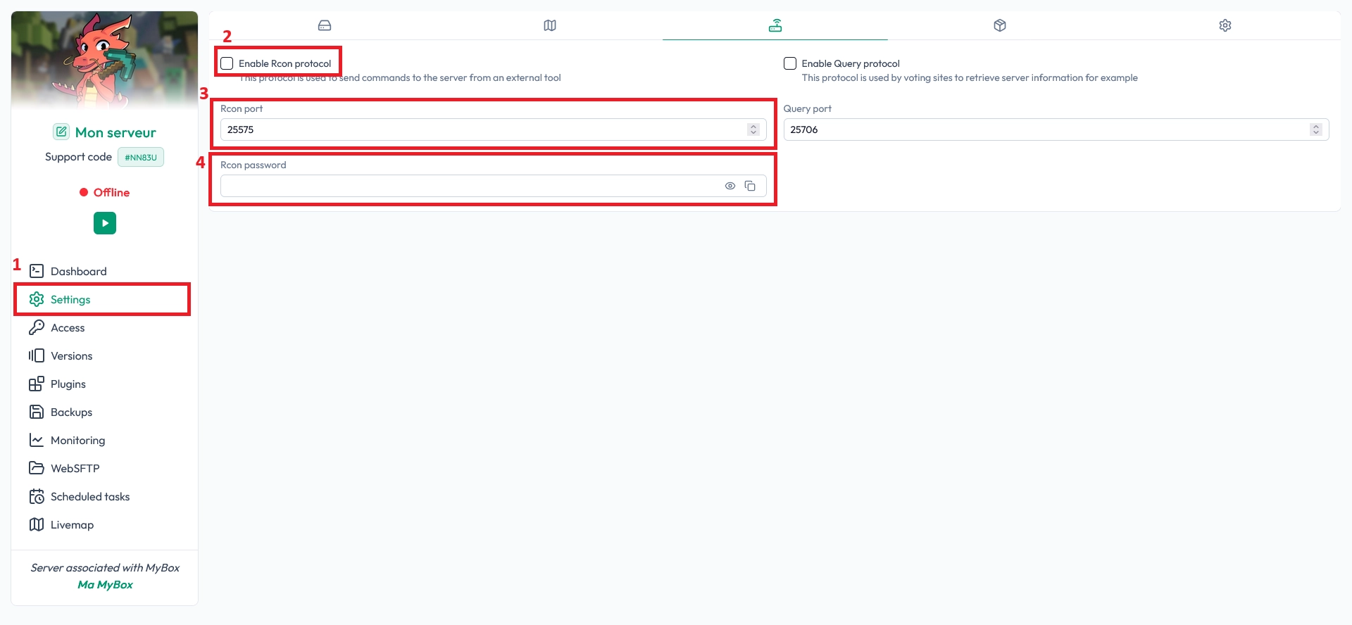 RCON settings section in the MineStrator server panel