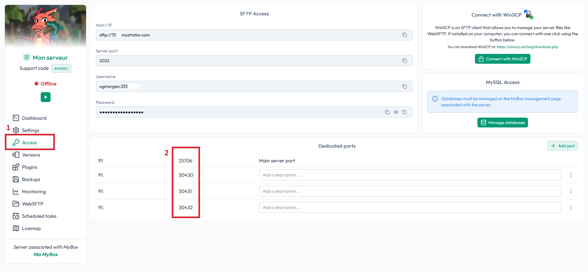 Dedicated ports list in the MineStrator access tab