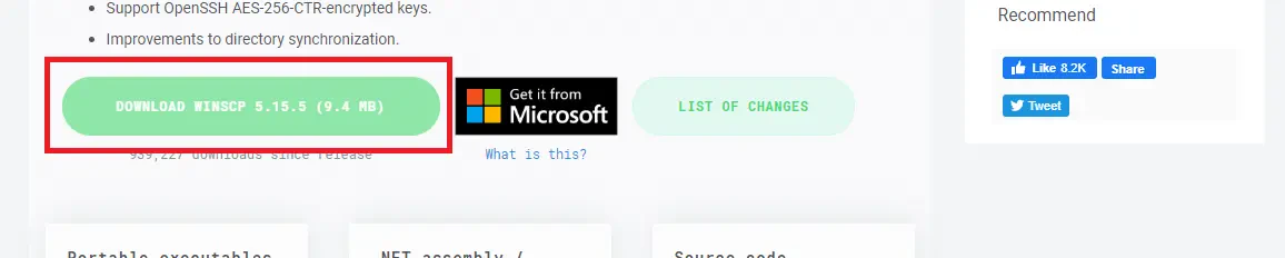 Fenêtre d'installation de WinSCP avec le bouton de téléchargement mis en avant